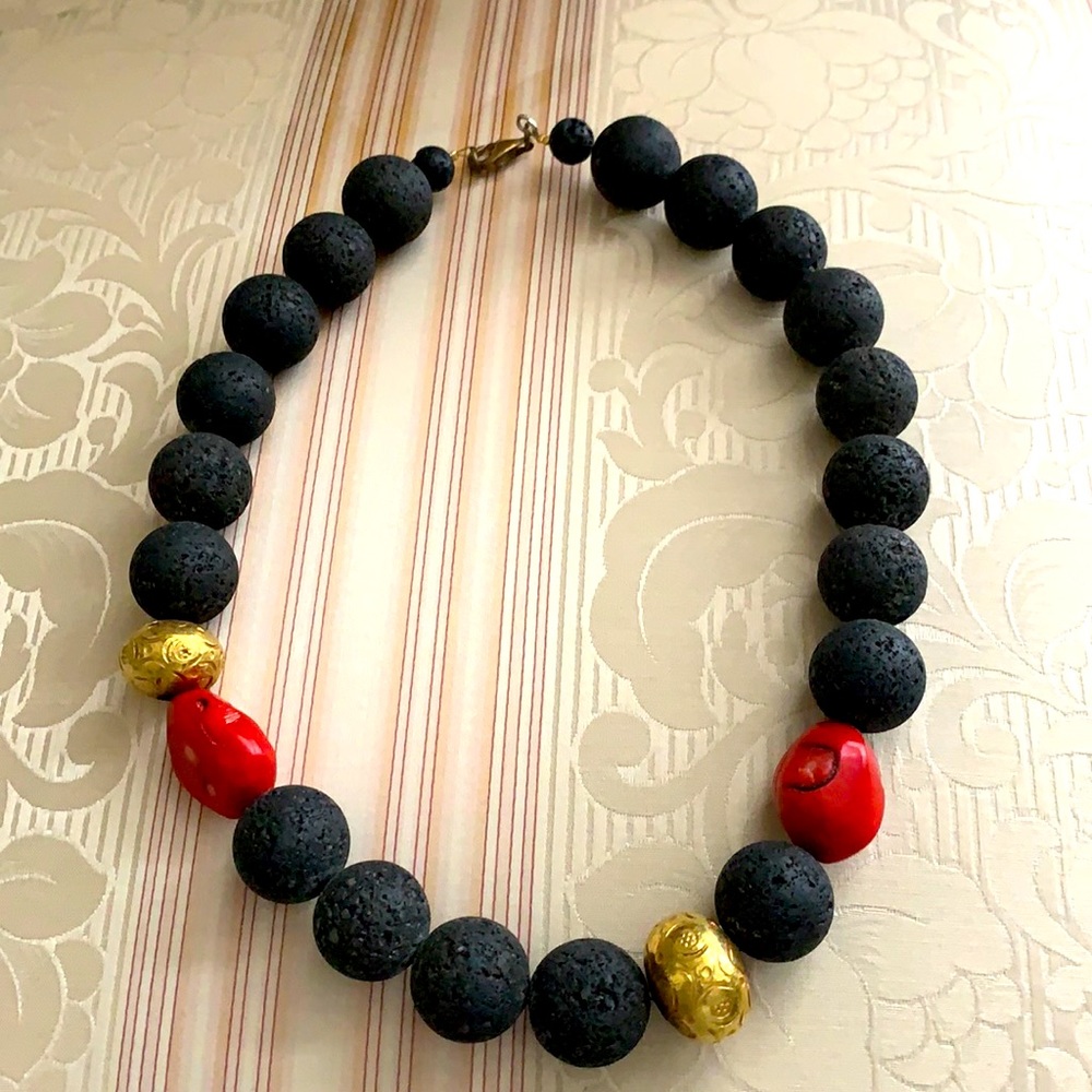 Necklace volcano rock and red coral